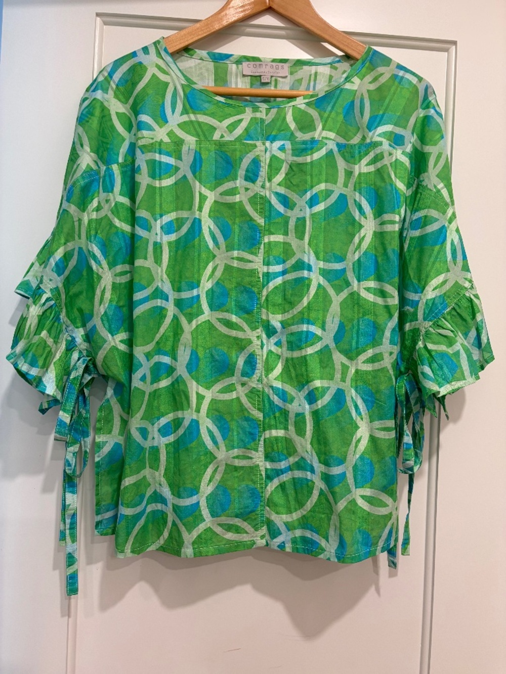 Compass Green Patterned Short Sleeve Ruffle Tie Blouse